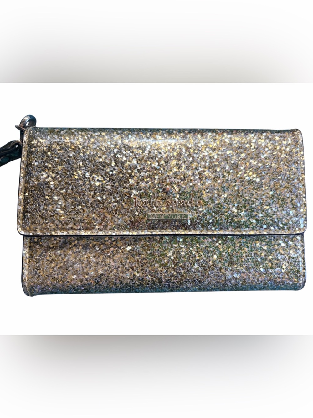kate spade Gold Glitter Envelope wristlet EUC